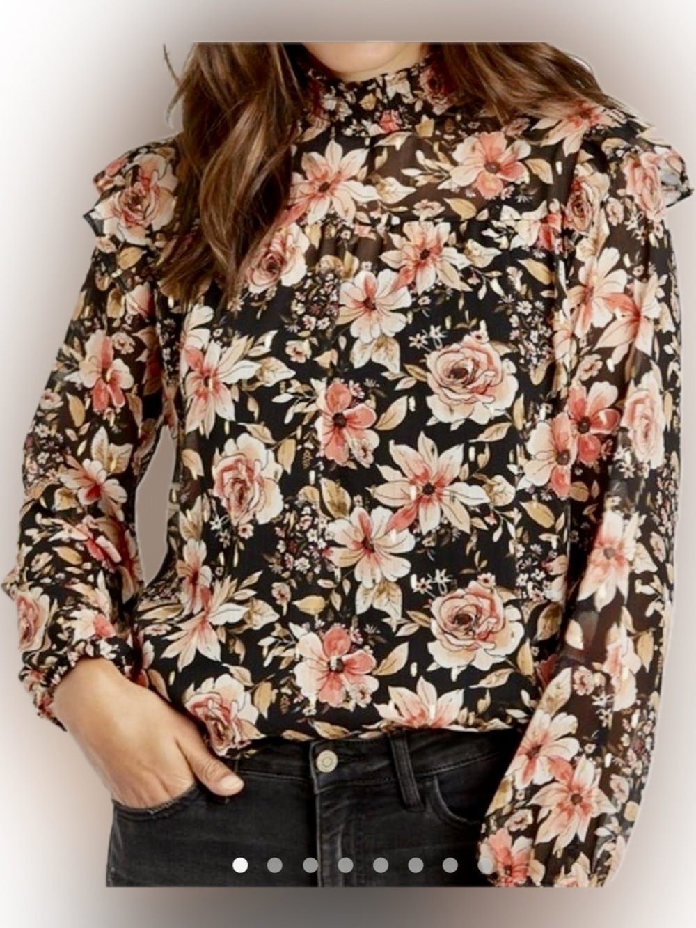 Maurices NEW Black Floral Smocked Neck Long Sleeve Blouse XL
